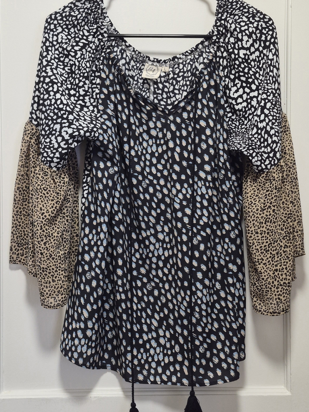 Mixed Print Peasant Tunic Top - Black, Light Blue & Tan